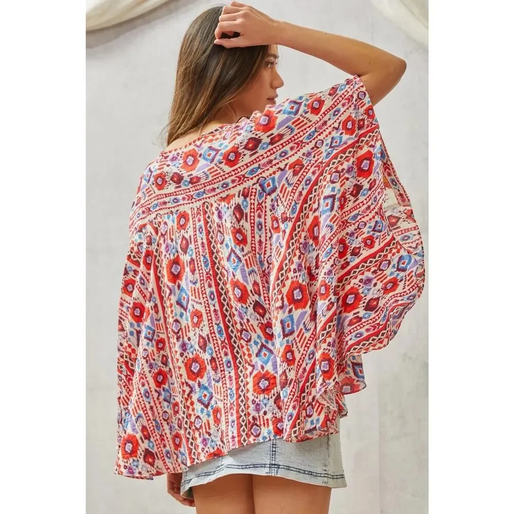 SAVANNA JANE Women's Floral Embroidered Poncho Tunic Top Red Blue Size M/L - Picture 2 of 16